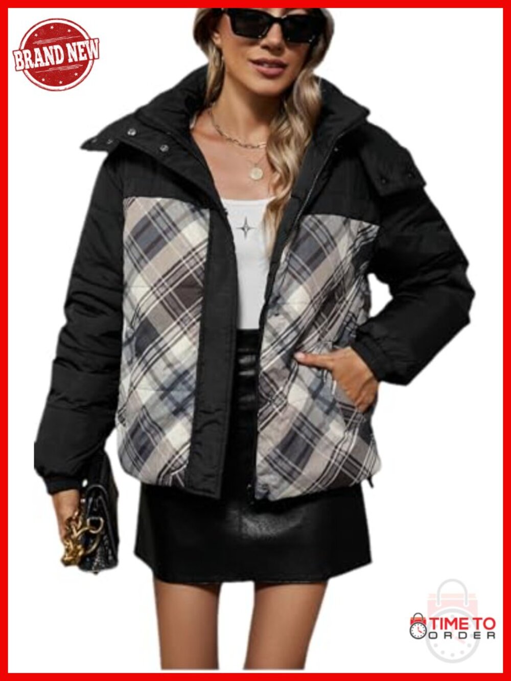 Double-sided Plaid Patchwork Lightweight Puffer Jacket Hooded Zip Up Coat